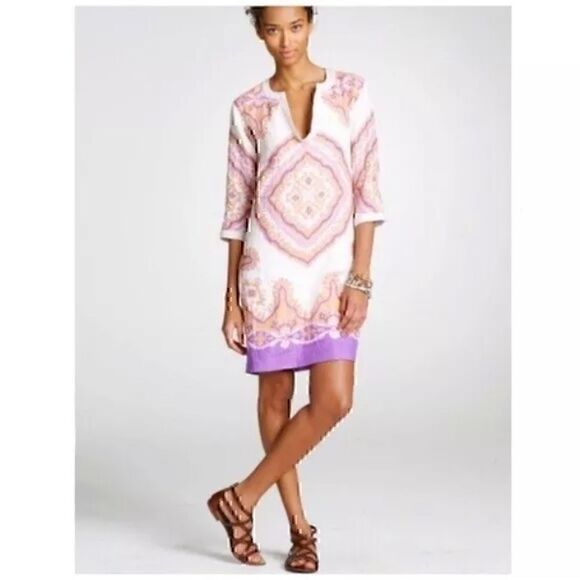 J. Crew Bazar Geometric Linen Blend 3/4 Sleeve Sheath Shirt Dress Boho Size 0 - Picture 1 of 6